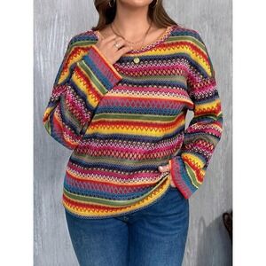 Womens Multicolor Top 3X Bell Sleeves Jacquard Boho Chic Ethnic Cheveron Curvy